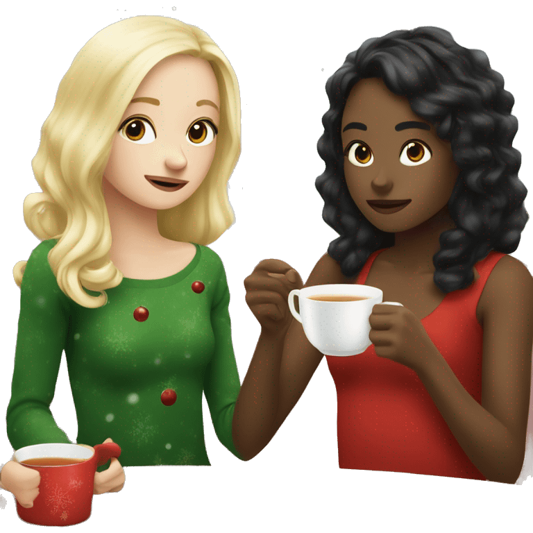 Blonde girl and black hair girl drinking tea at christmas emoji