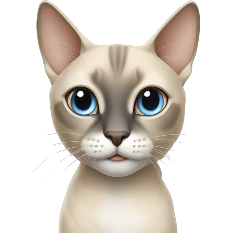 Thai breed adult cat with a light cream-brown body, dark gray nose and face, ears, and paws. sharp ears, and striking light blue eyes  emoji