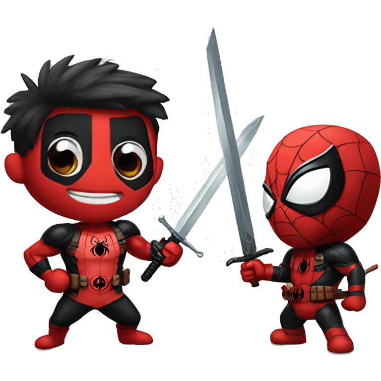 Spider-man with a brave sword playing with Deadpool  emoji