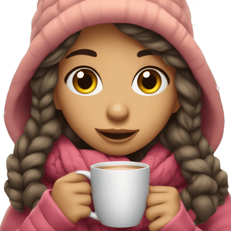 cute girl drinking hot beverages in winter clothe emoji