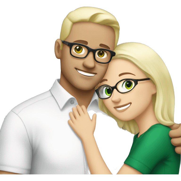 White Blonde woman with green eyes hugging white black haired man with brown eyes and glasses emoji