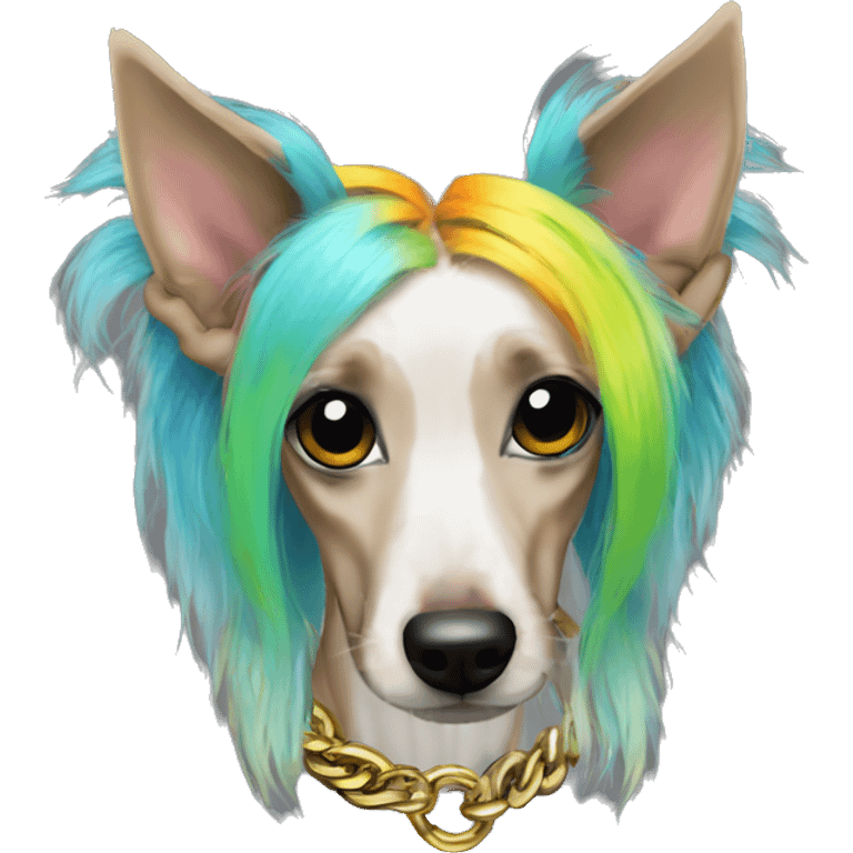 Punk Chinese crested dog neon rainbow hair gold chain punk piercings tattoos punk ear piercings emoji