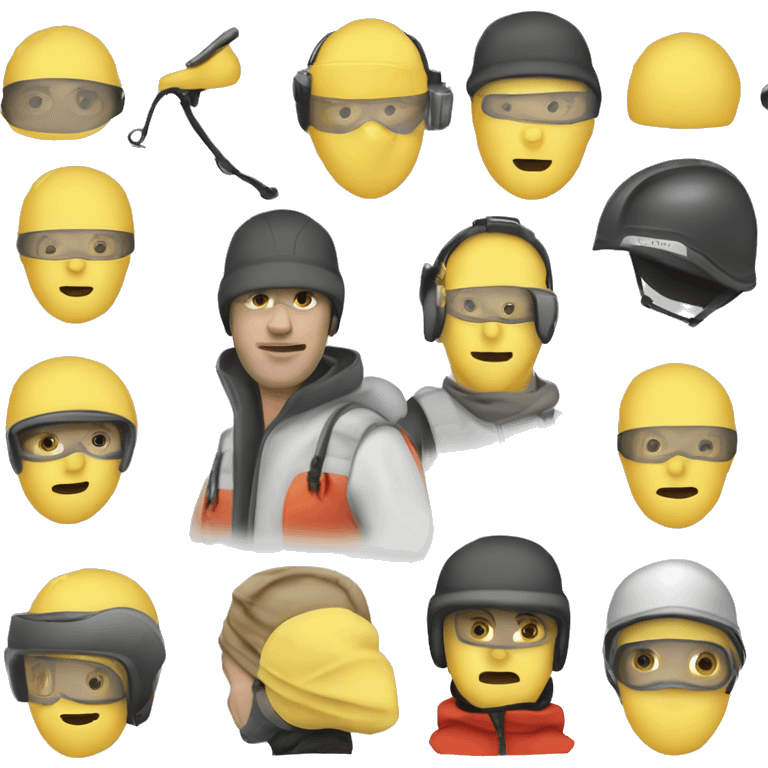 Caucasian man wearing safety ski mask, helmet safety and earplug emoji