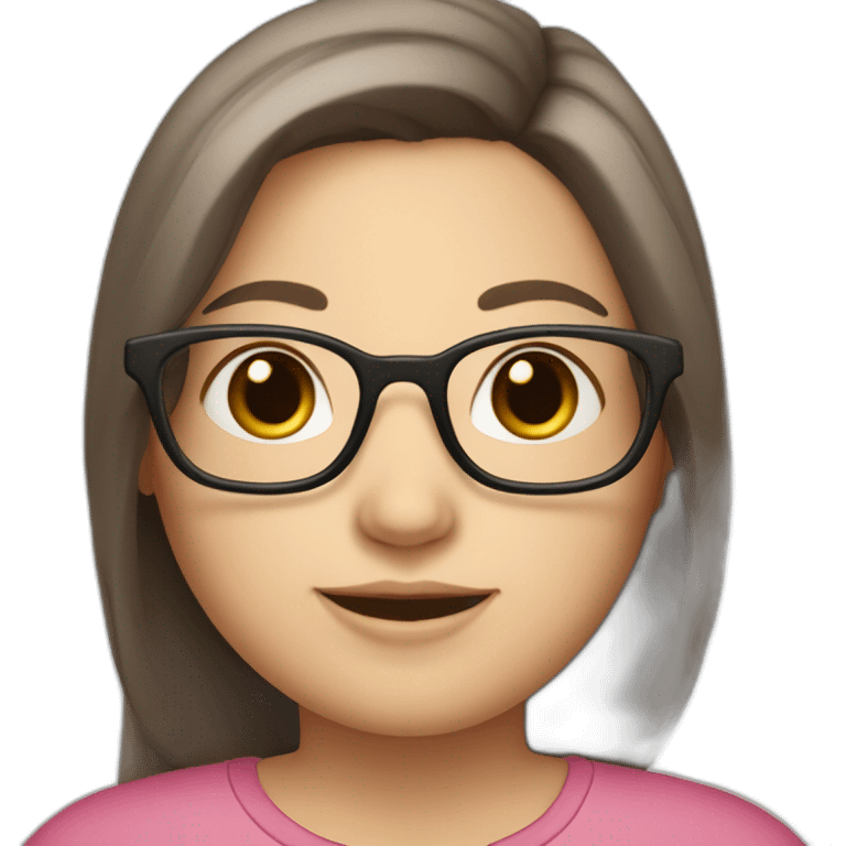 a dark-brown long hair white woman with glasses and a little smile, little chubby, with rose cheeks, emoji