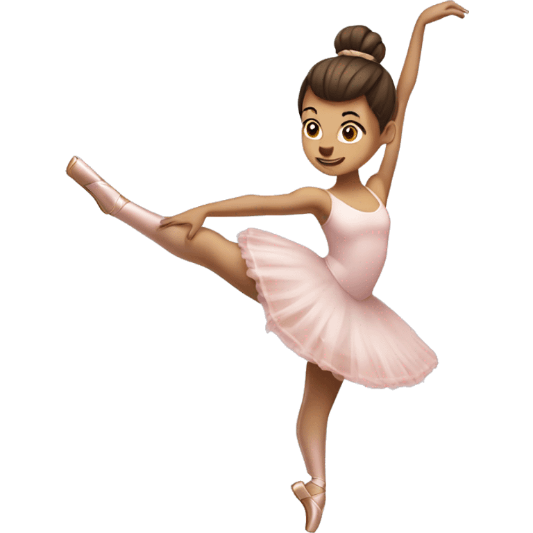 Ballerina with a brunette bun and pint shoes doing a 180 degree leap emoji