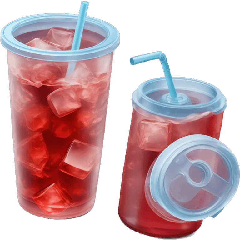 Realistic plastic cup and lid with Transluscent red soda and large ice cubes inside and one straw through the top of the lid. emoji