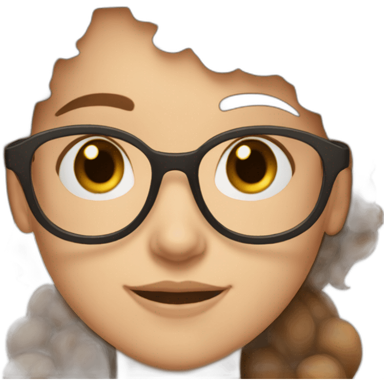 a girl with kurly brown hair brown eyes and round glasses and her skincoller is wite emoji