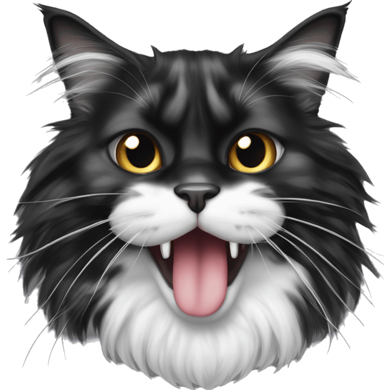 black and white maine coon cat with tongue hanging out and bulging eyes emoji