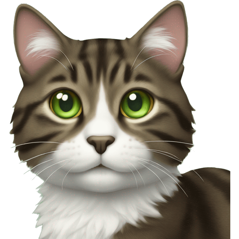 Dark brown tabby cat with white fur too with green eyes  emoji