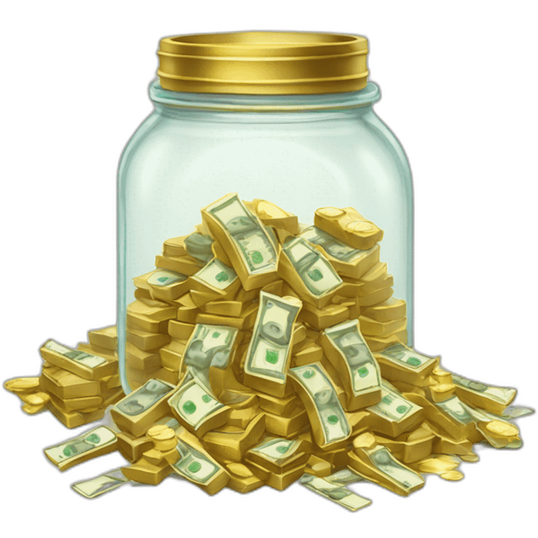 A clear jar overflowing with stacks of cash and gold  emoji