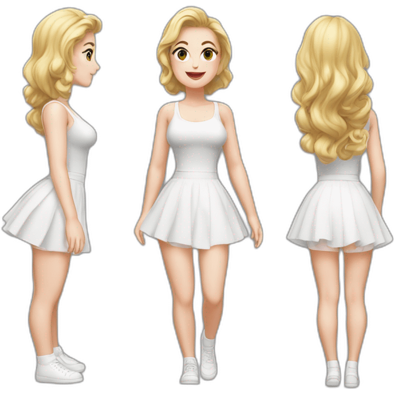 realistic full body caucasian curvy beauty jumping short black skirt back and front views strong wind white knickers long white socks emoji