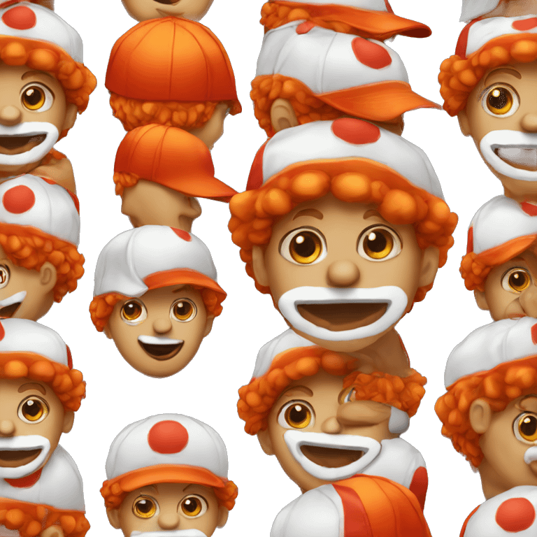 Orange clown emoji wearing a red baseball cap emoji