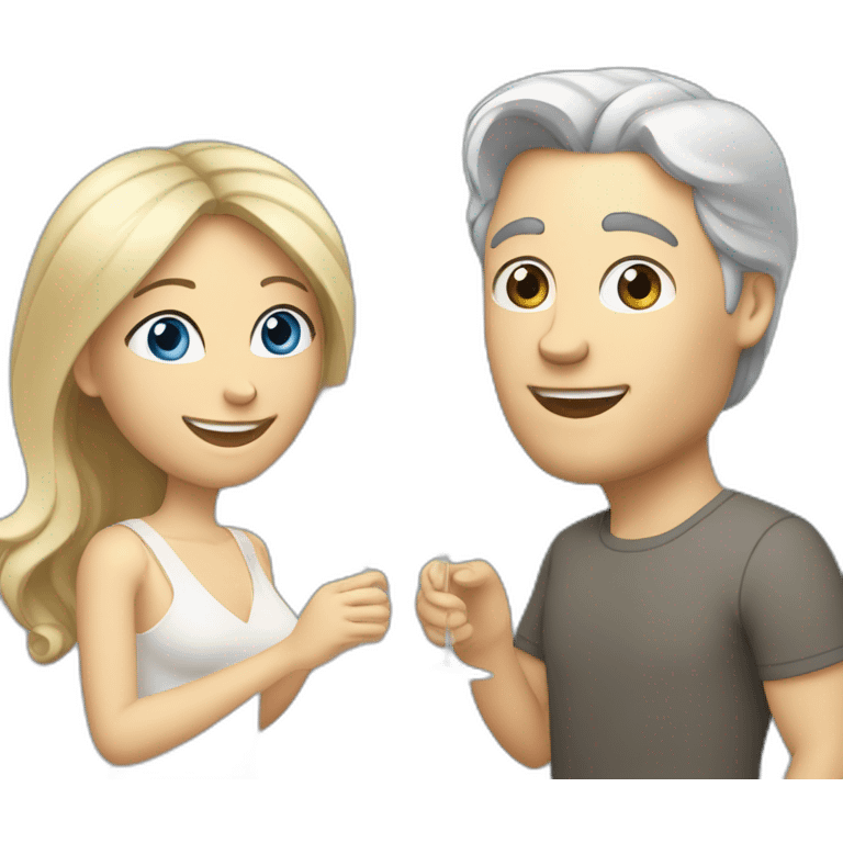 A white woman, she has brown eyes and blond medium long hair. A white man, he has blue eyes and grey hair. They toast to each other with a glass of white wine. emoji