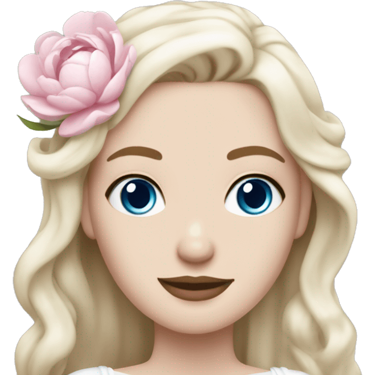 White bride with long light blonde hair and blue eyes with light pink peonies in hair white skin  emoji