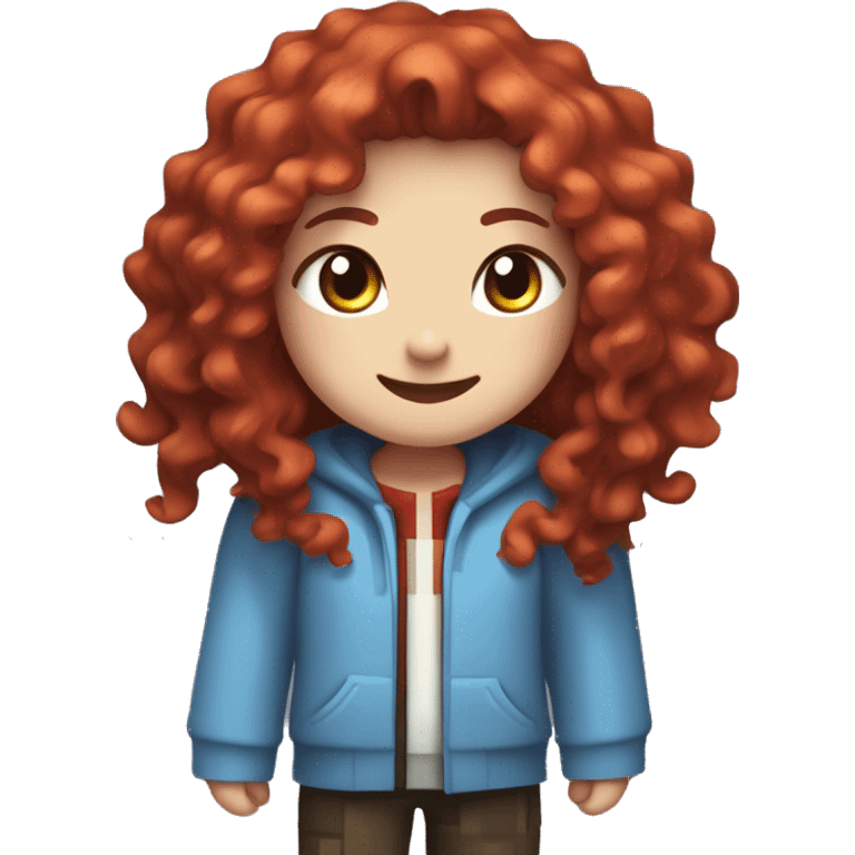 a white girl with long red curly hair and freckles, wearing periwinkle Minecraft hoodie playing a videogame smiling emoji