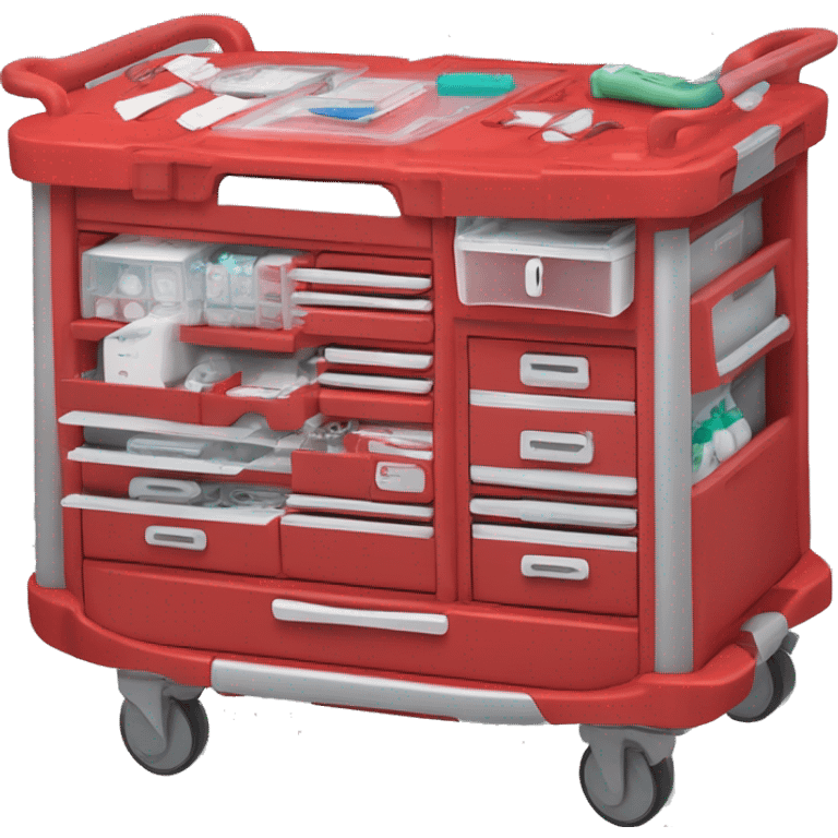 Singular Red medical crash cart is a mobile, multi-drawer unit designed to store and organize emergency medical supplies and equipment emoji