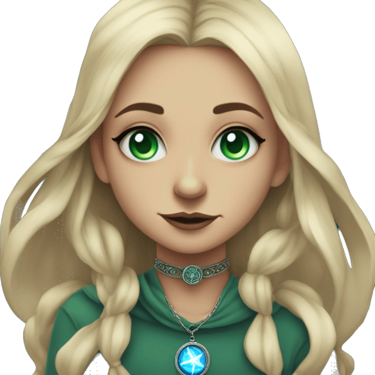 blonde witch girl with green eyes and straight hair with a birthmark above her upper lip wearing a necklace in a form of pentacle with a small blue stone inside doing tarot spread  emoji