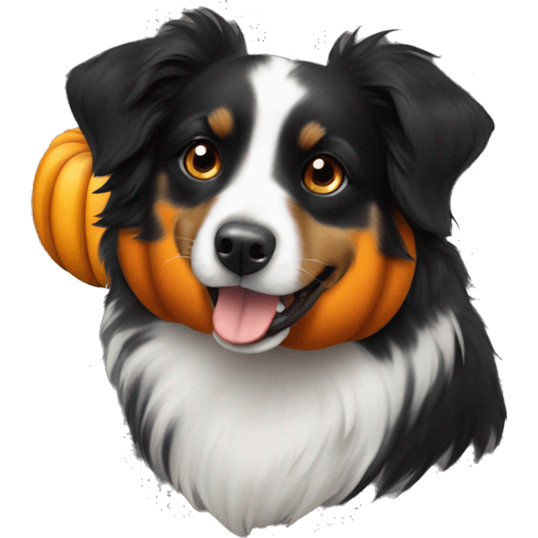 Small black australian shepherd dog in a pumpkin emoji