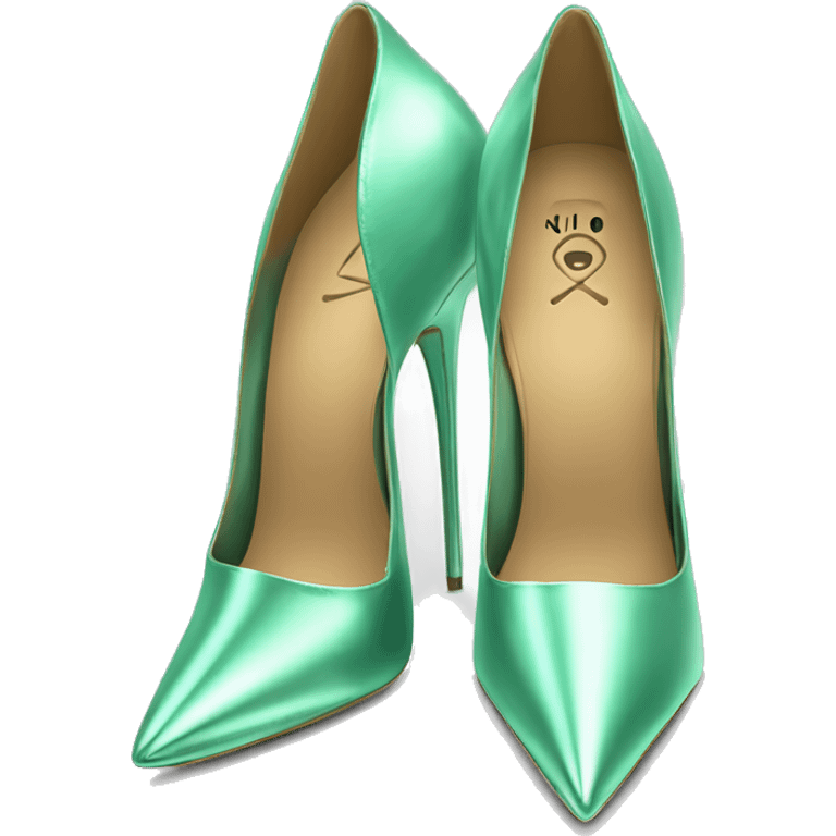 Real isolated top view of a pair of metallic mint green spikey stiletto high heel shoes.  emoji