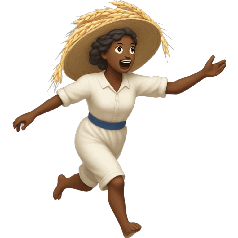 huckleberry Finn harvest goddess sprinting with wheat, with a large stride and arms outstretched emoji