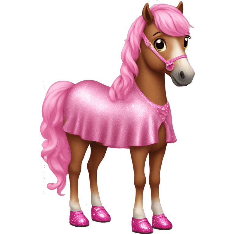 A horse wearing a cute pink glittery dress and pink shoes emoji