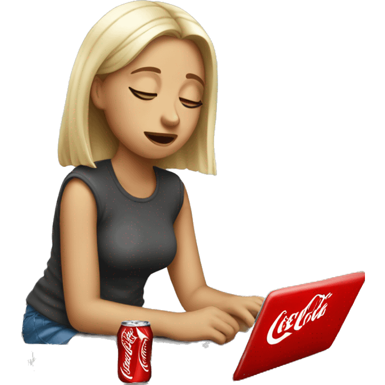 tired girl with laptop drinking coca-cola emoji