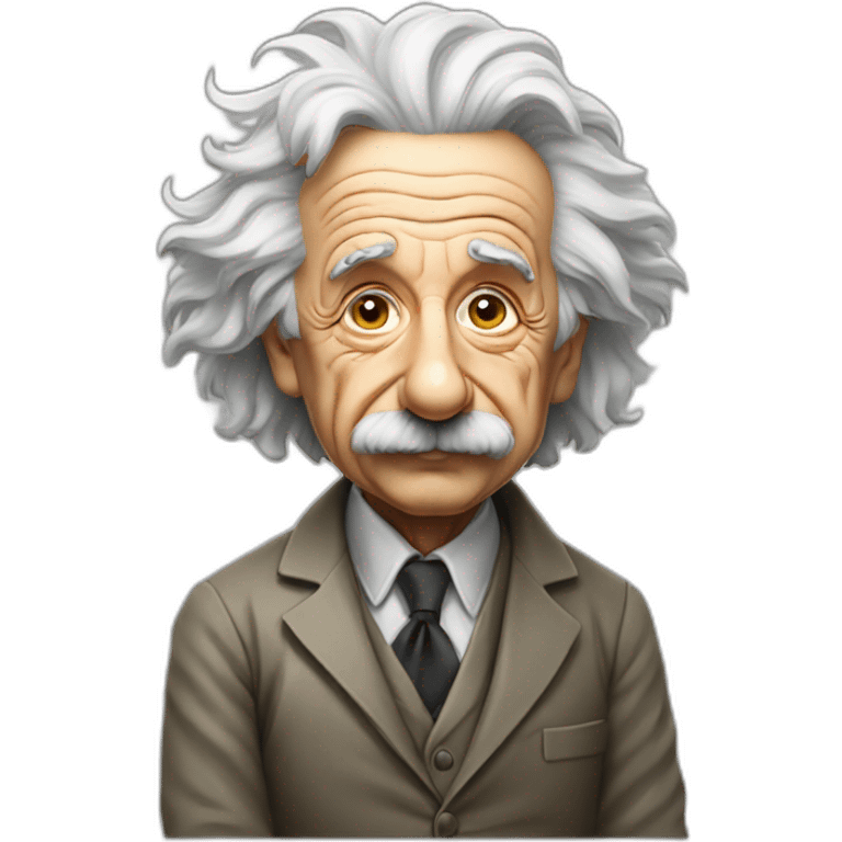 a full body perspective of albert einstein sitting on an invisible edge emoji