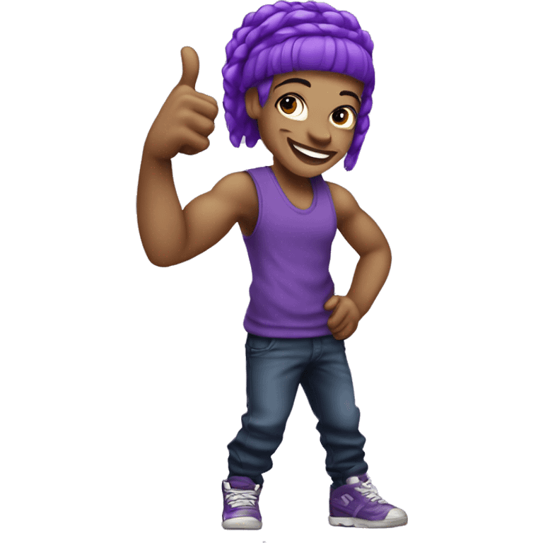 A light skinned hip hop dancer with purple hair doing a thumbs up emoji