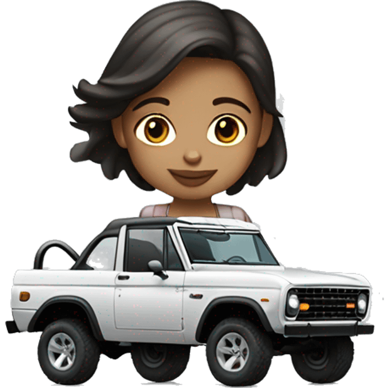 Girl with dark brown hair on a light grey Ford Bronco four door emoji