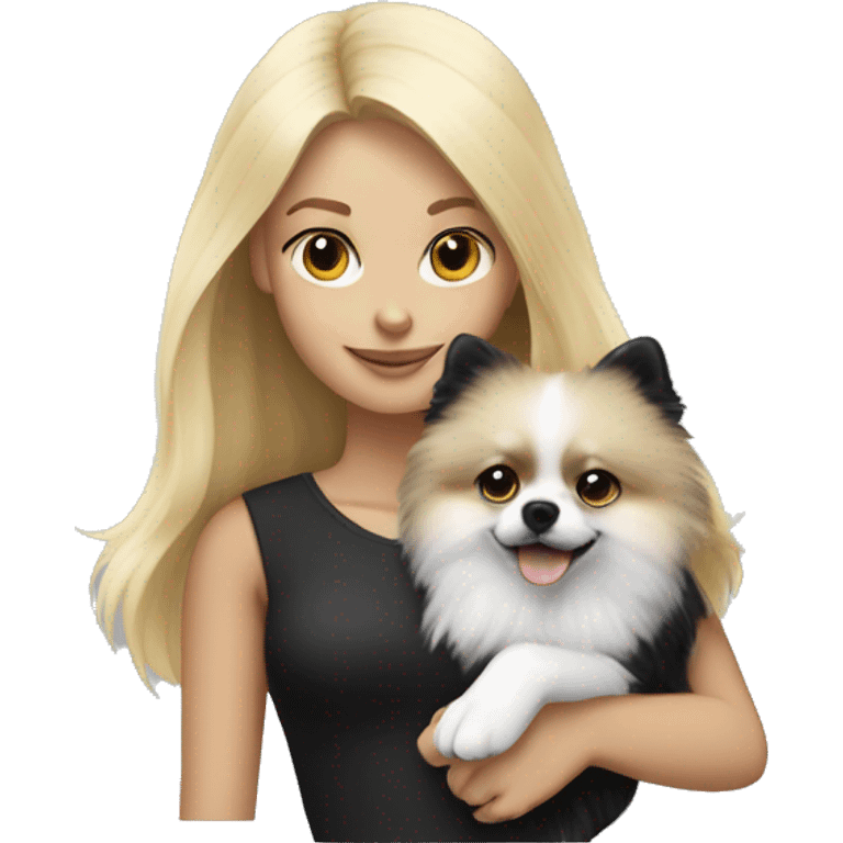 blonde girl with black & white pomeranian in her arms emoji