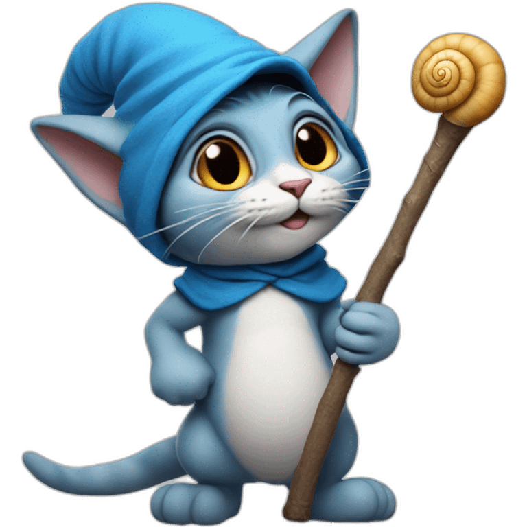 Hyper-realistic Smurf as a cat with a huge stick with a huge snail on the end of it emoji