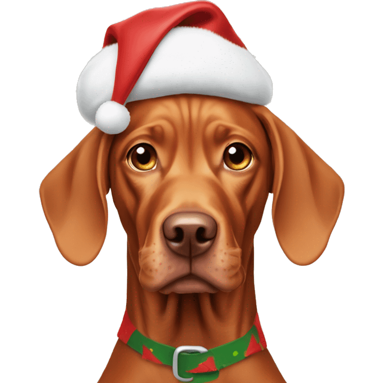 Vizsla wearing Xmas hat with wide eyes and drooling  emoji