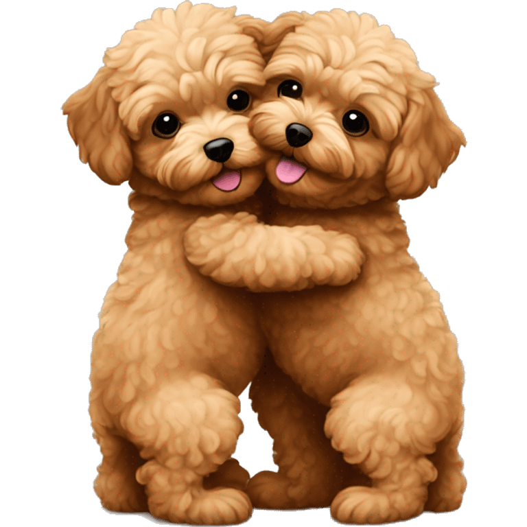 2 brown maltipoo dogs hugging, they are brother and sister emoji