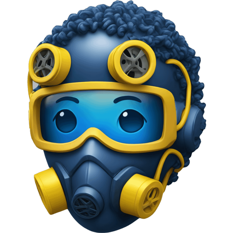 Dark Blue curly hair cyborg head with yellow respirator mask and circuitry emoji