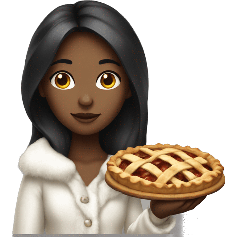 A girl wearing a white fur coat holding an apple pie in her hand with black long hair  emoji