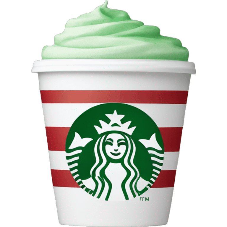 A Starbucks coffee cup with red and green stripes and the Starbucks logo on the front, white lid emoji