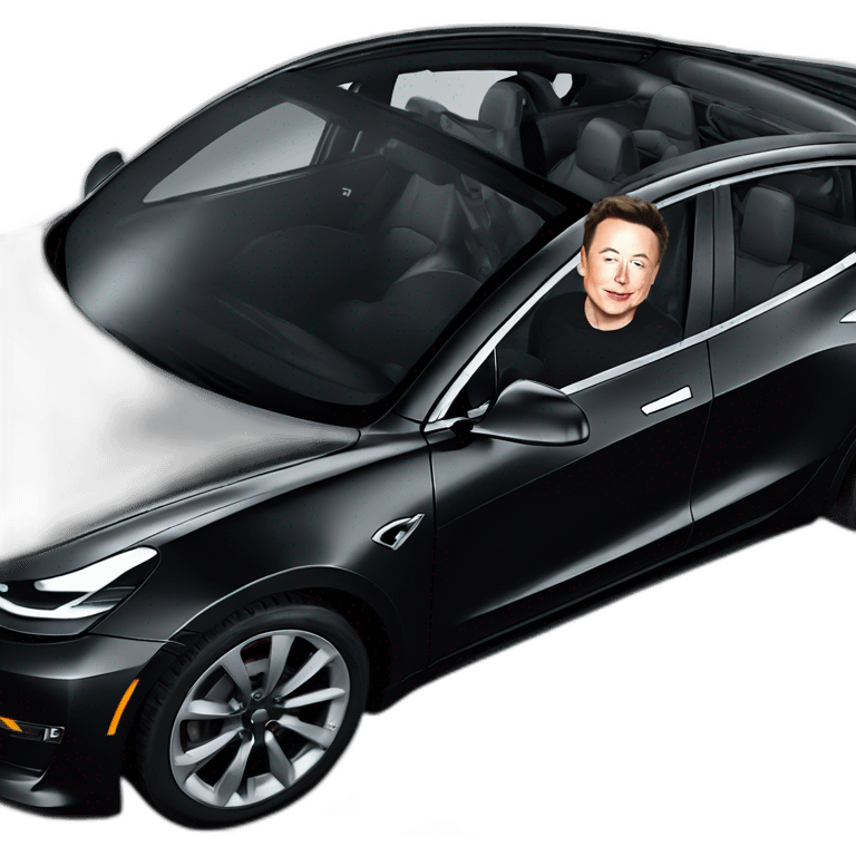 small photo-realistic Elon Musk, at the wheel inside an all black Tesla Model 3, full car side view emoji