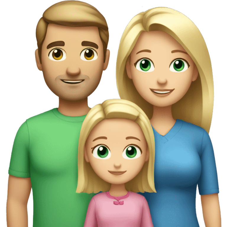 Family of 3. Dad with brown hair and blue eyes, mom with short blonde hair and green eyes, 4 year old daughter with long blonde hair and blue eyes.  emoji