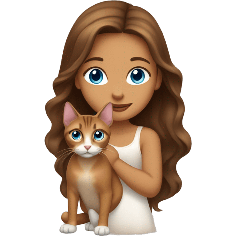 girl with long wavy brown hair, big blue eyes and Abyssinian cat next to her emoji