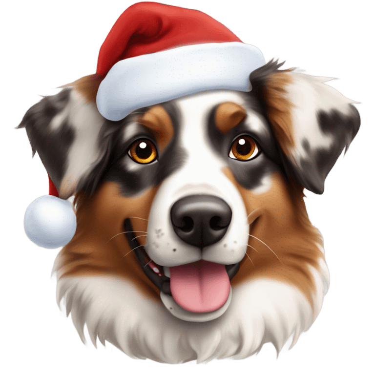 red Merle toy Aussie Shepard wearing a Santa hat emoji