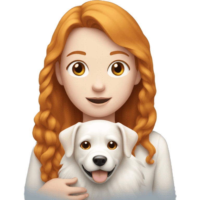 Ginger girl holding white dog and kuddle emoji