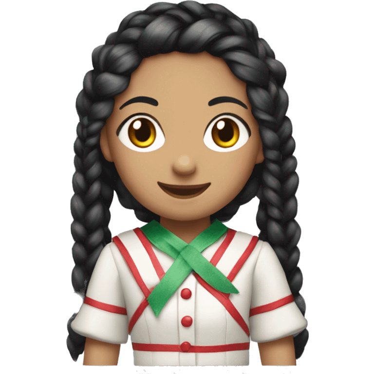 Doll with black hair in two braids with red, green, white ribbons smiling  emoji