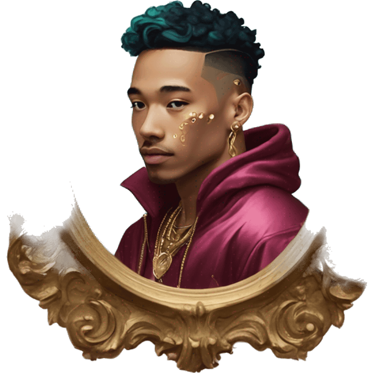 Vintage painting swirls gold jewellery baroque raven wings angel tropical Deep pink maroon burgundy cyan dark hoodie man vitiligo dyed hair gold piercings nose piercing ear piercings emoji