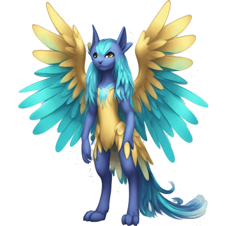 Anthro Sona Cool Edgy Cute Legendary Colorful Shy Winged Shiny Fakemon-Fantasy-Creature With Long Hair-Mane Full Body Detailed High Quality emoji