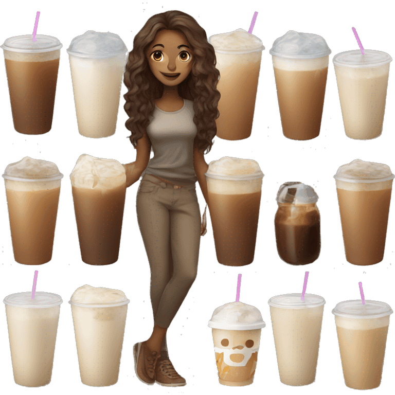 Brown long hair girl with ice coffee emoji