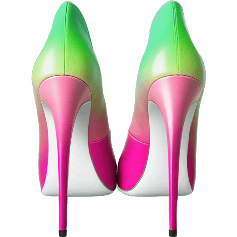 Realistic isolated top view pair of pointed toe hot pink to mint green ombre high heel shoes. emoji