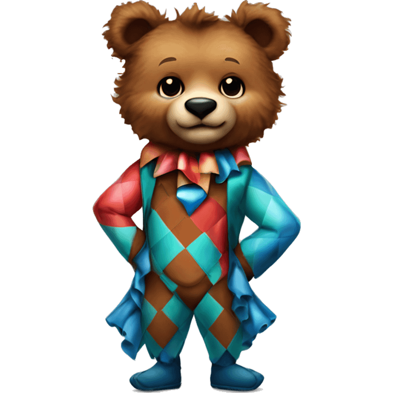 Brown Teddy bear. Harlequin. Harley Quinn bear. Jester ruffles. Diamond shapes.  emoji