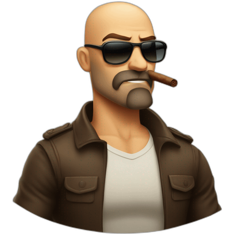 Bald muscular man with brown beard and sunglasses smoking cigar angry face emoji