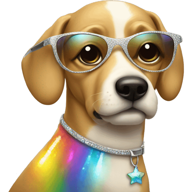 Sparkly dog with puppy eyes with sun glasses and rainbows emoji