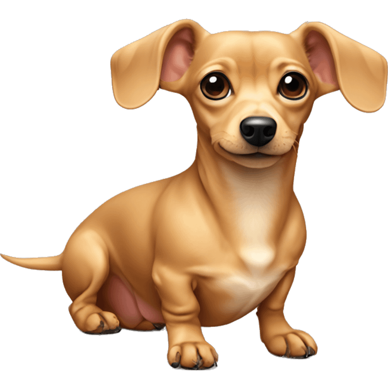 A tan beige dachshund and Chihuahua mix with one ear up and another ear down sitting  emoji